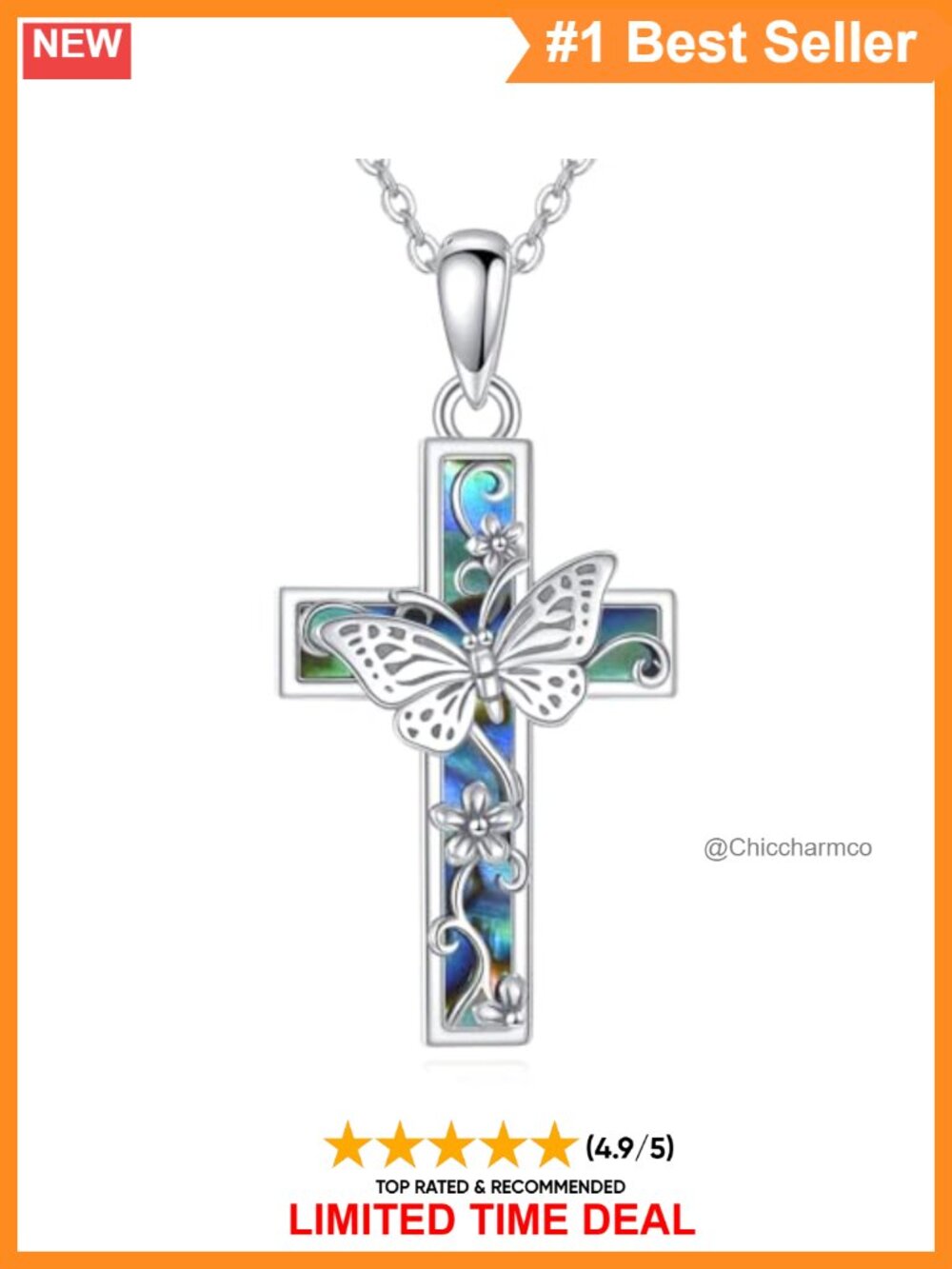 925 Sterling Silver Butterfly Cross Pendant Necklace Abalone Shell 18 inch